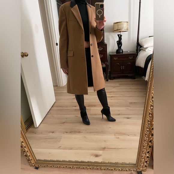 The Kooples LEATHER COLLAR CAMEL BELTED LONG WOOL COAT - size small in men’s - Picture 14 of 16